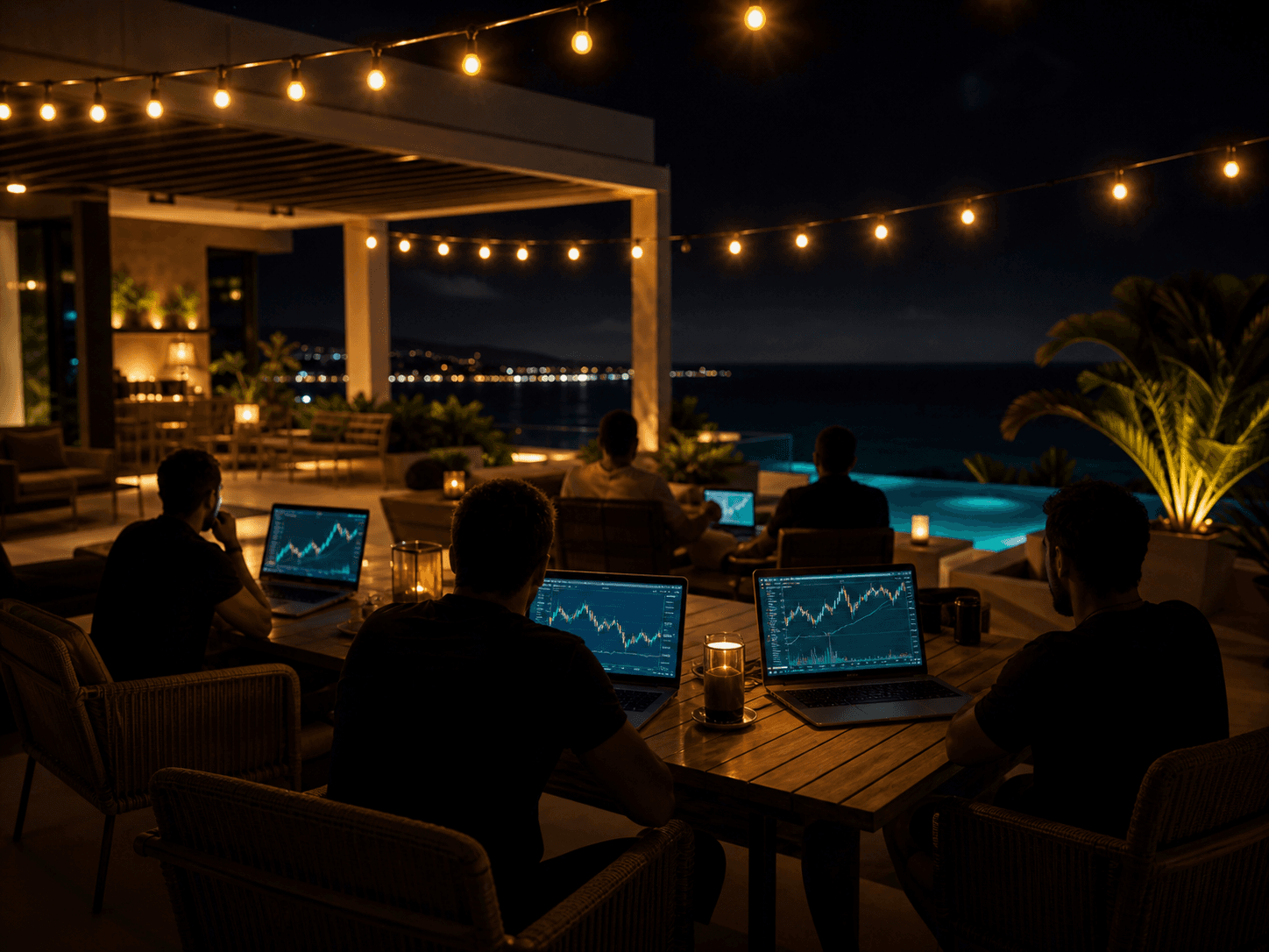 Petit groupe de traders sur une terrasse de villa le soir avec des laptops