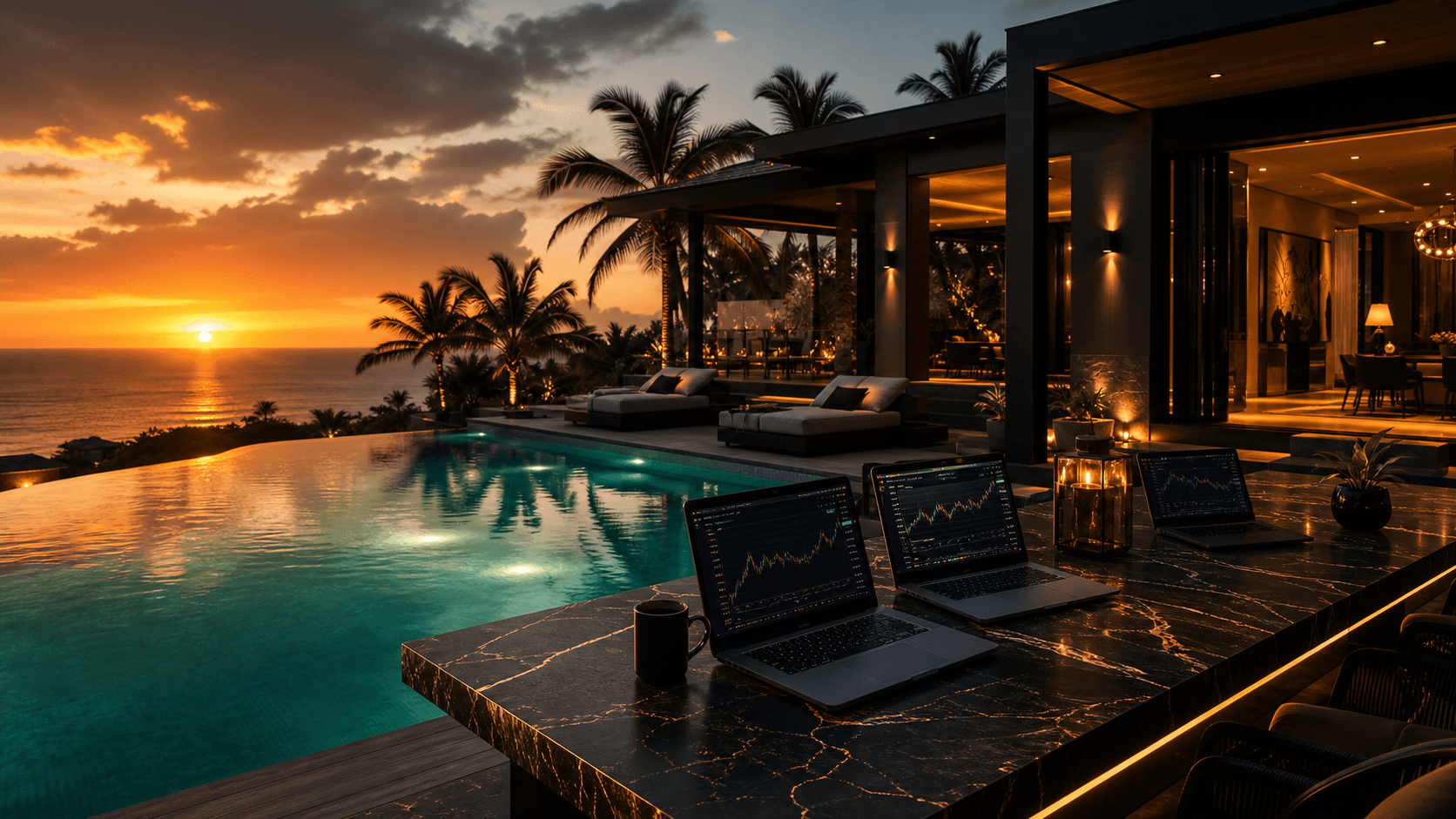 Villa tropicale de luxe avec piscine et ordinateurs de trading au coucher du soleil