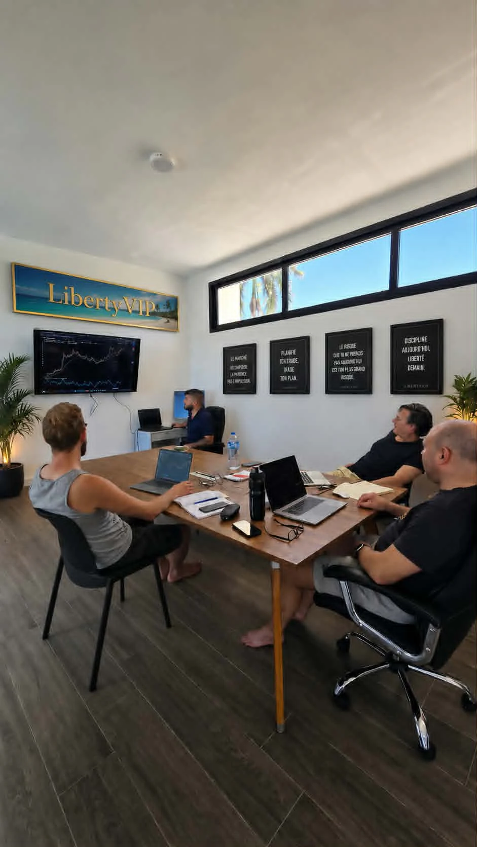 Séance de coaching LibertyVIP en petit groupe avec Gabriel devant un écran de marché