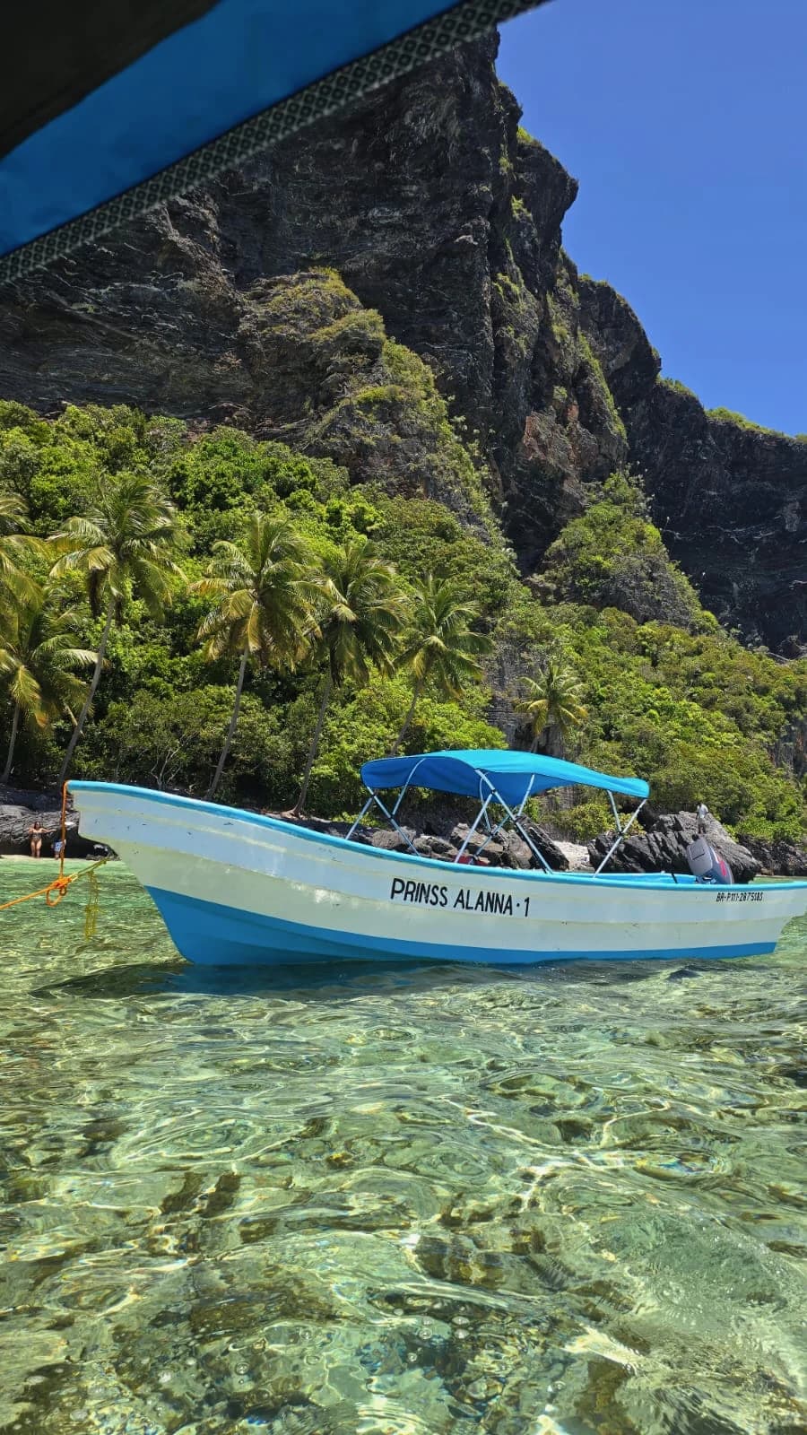 Bateau dans une baie tropicale entourée de végétation